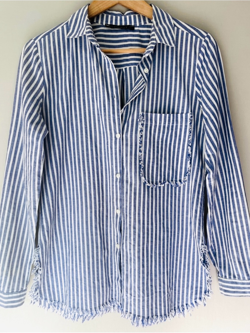 Firefly Striped Poplin Button-Down Shirt Blue White Frayed Hem M